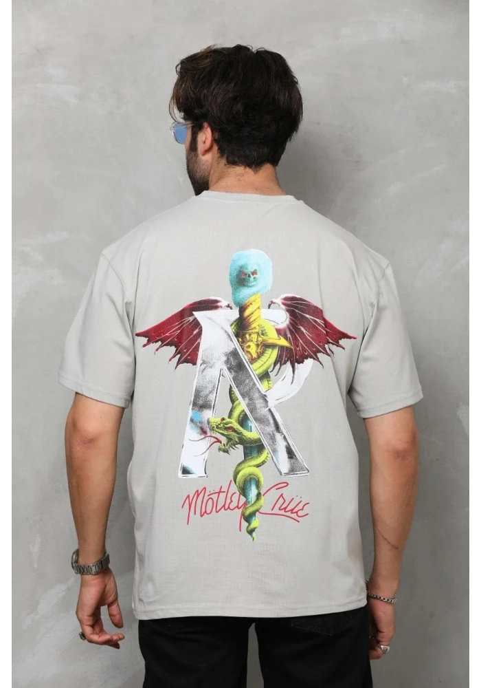 Erkek Bisiklet Yaka Baskılı T-Shirt - Gri