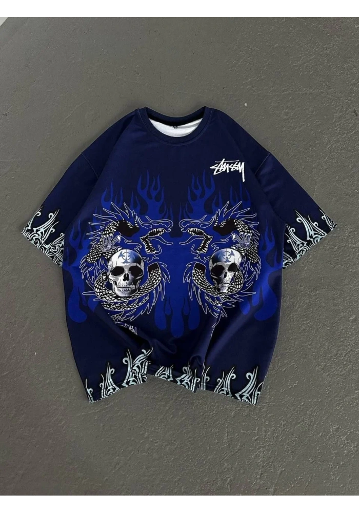 Unisex Bisiklet Yaka Baskılı Oversize T-Shirt - Lacivert