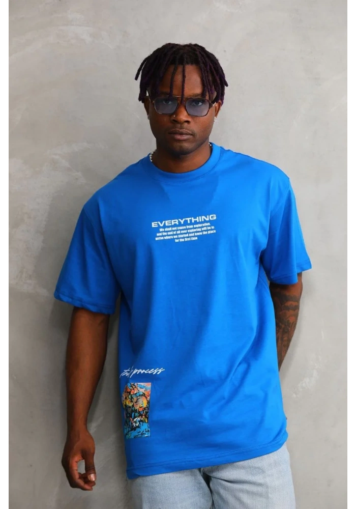 Erkek Bisiklet Yaka Baskılı Oversize T-Shirt - Mavi
