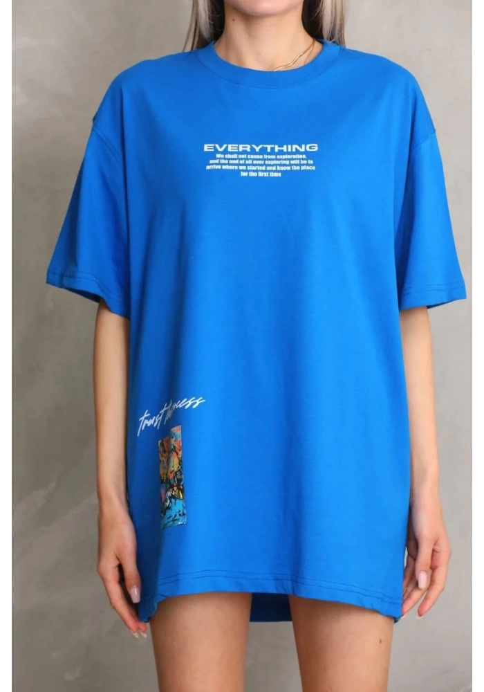 kadın Bisiklet Yaka Baskılı Oversize T-Shirt - Mavi