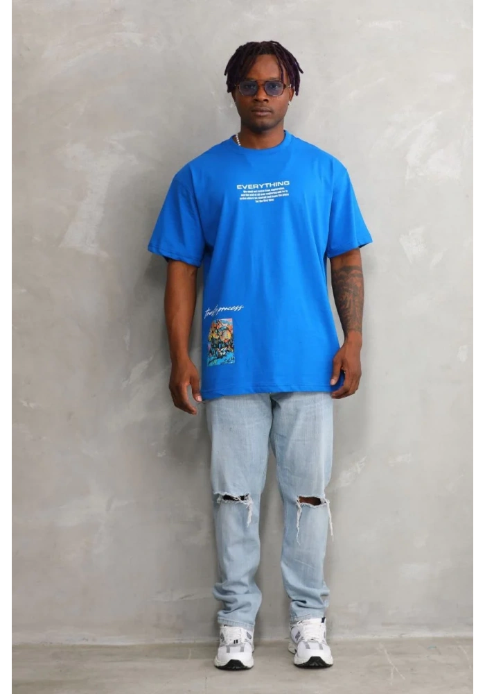 Erkek Bisiklet Yaka Baskılı Oversize T-Shirt - Mavi