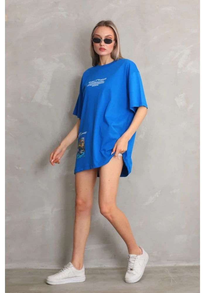 kadın Bisiklet Yaka Baskılı Oversize T-Shirt - Mavi