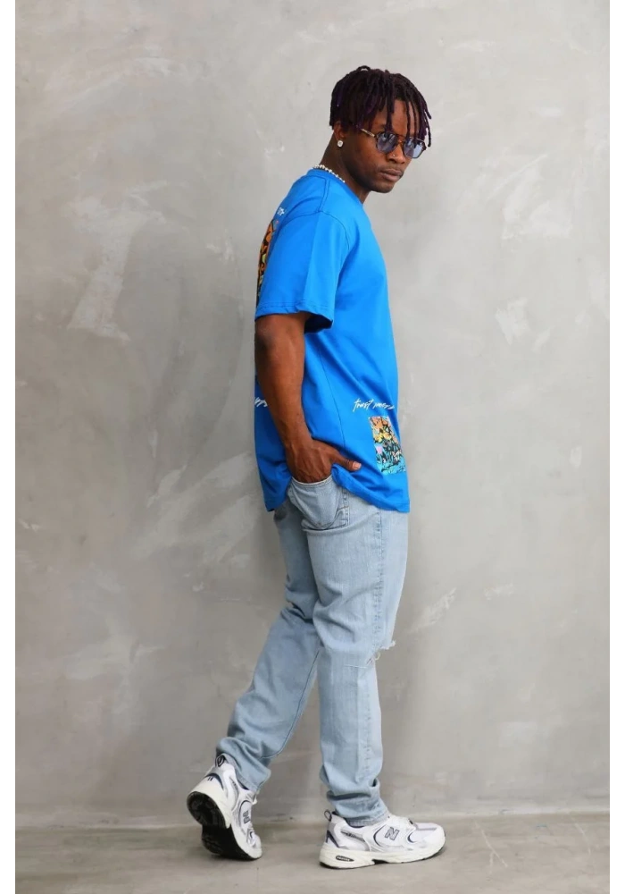 Erkek Bisiklet Yaka Baskılı Oversize T-Shirt - Mavi
