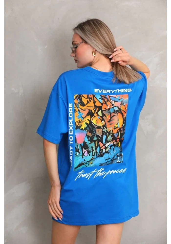 kadın Bisiklet Yaka Baskılı Oversize T-Shirt - Mavi