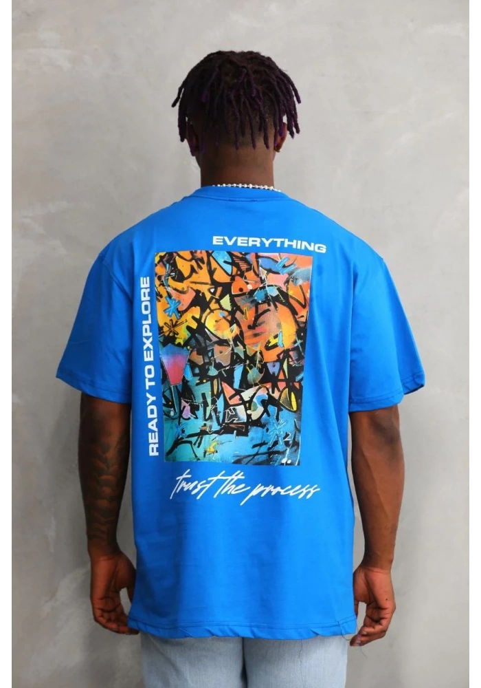 Erkek Bisiklet Yaka Baskılı Oversize T-Shirt - Mavi