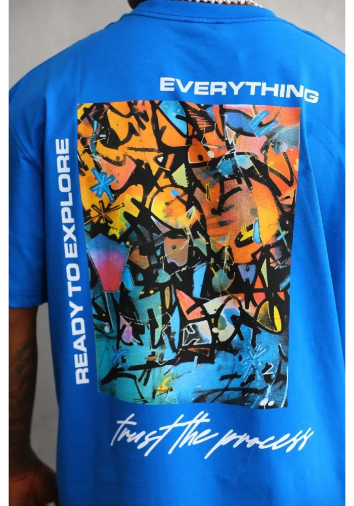 Erkek Bisiklet Yaka Baskılı Oversize T-Shirt - Mavi