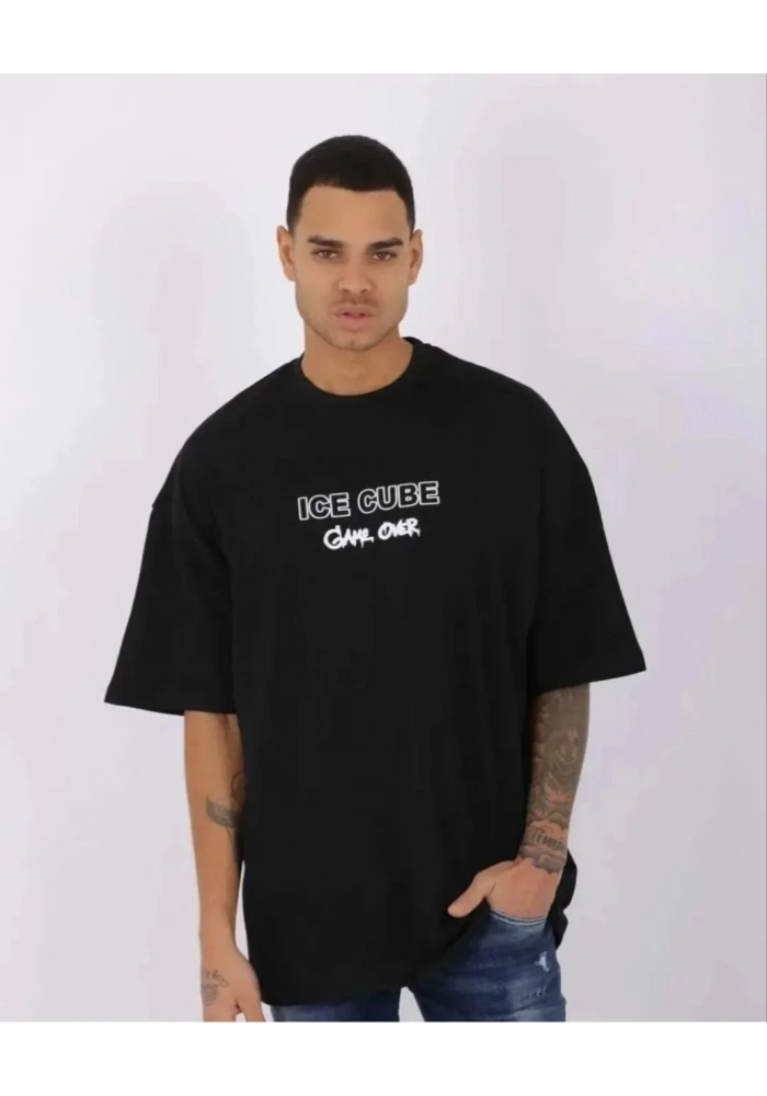 ERKEK Bisiklet Yaka Baskılı Oversize T-Shirt - Siyah