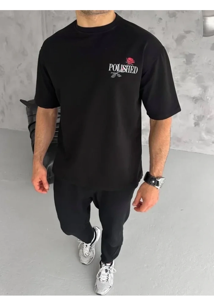 Unisex Bisiklet Yaka Baskılı Oversize T-Shirt - Siyah