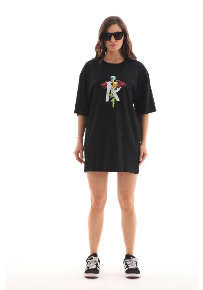 Kadın Baskılı T-Shirt Kısa Kol Bisiklet Yaka Regular Fit Rahat Kalıp Günlük Tişört -Siyah