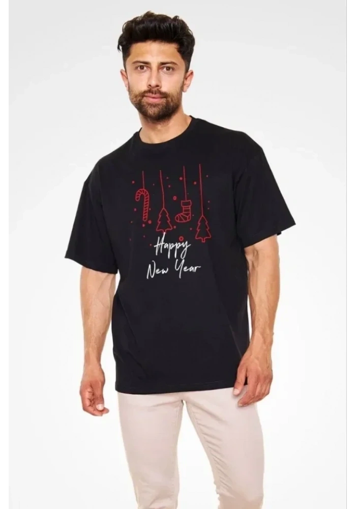 Unisex Bisiklet Yaka Baskılı Oversize T-Shirt - Siyah