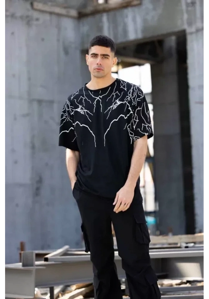 Unisex Bisiklet Yaka Baskılı Oversize T-Shirt - Siyah