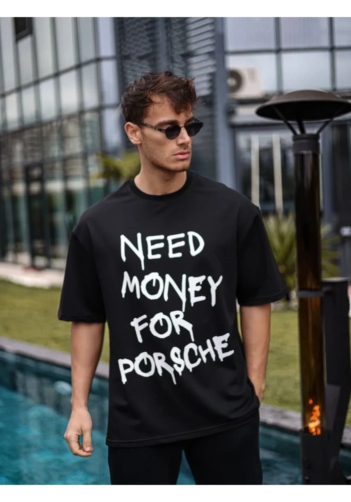 Erkek Bisiklet Yaka Baskılı Oversize T-Shirt - Siyah