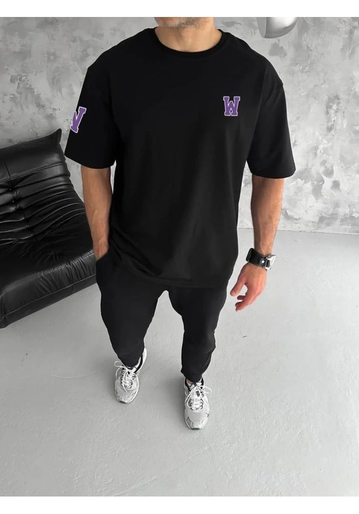 Erkek Bisiklet Yaka Baskılı Oversize T-Shirt - Siyah