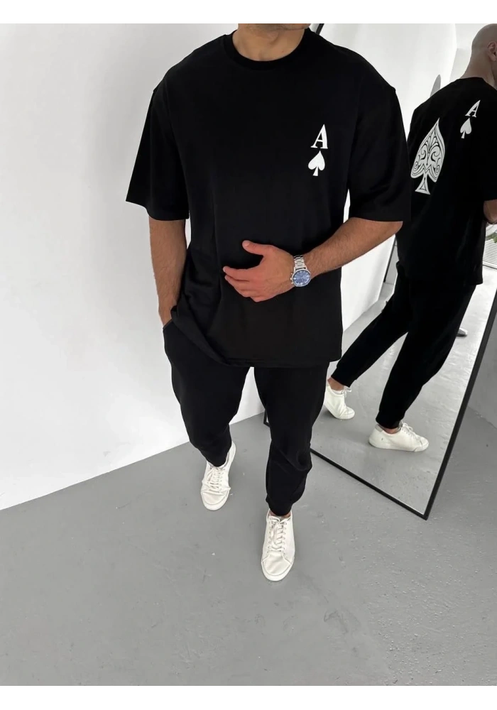 Erkek Bisiklet Yaka Baskılı Oversize T-Shirt - Siyah