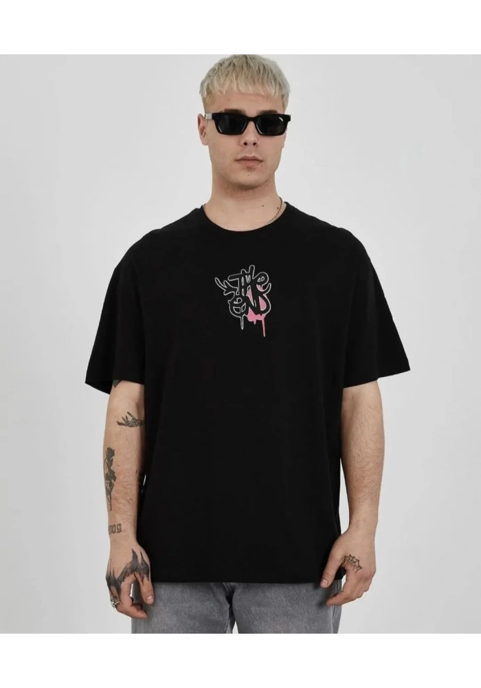 Erkek  Bisiklet Yaka Baskılı Oversize T-Shirt - Siyah