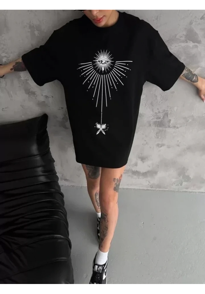 Unisex Bisiklet Yaka Baskılı Oversize T-Shirt - Siyah