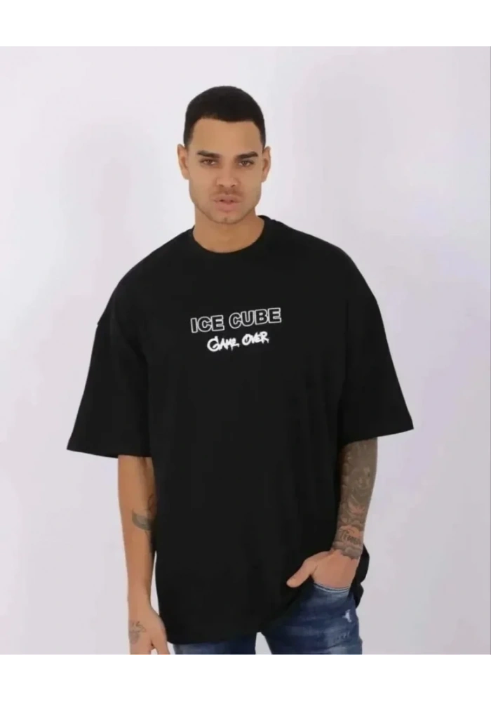 Unisex Bisiklet Yaka Baskılı Oversize T-Shirt - Siyah