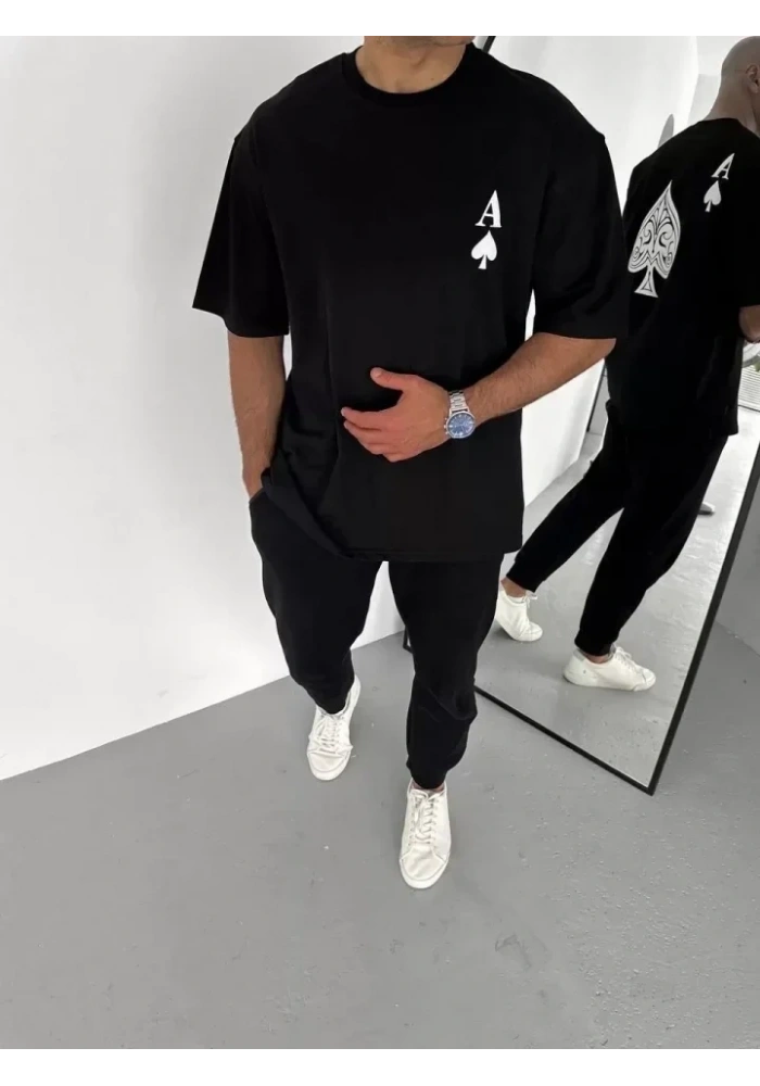 Unisex Bisiklet Yaka Baskılı Oversize T-Shirt - Siyah