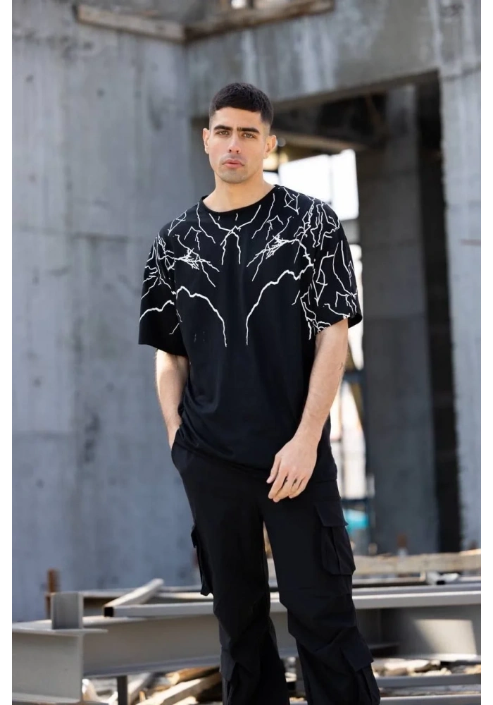 ERKEK Bisiklet Yaka Baskılı Oversize T-Shirt - Siyah