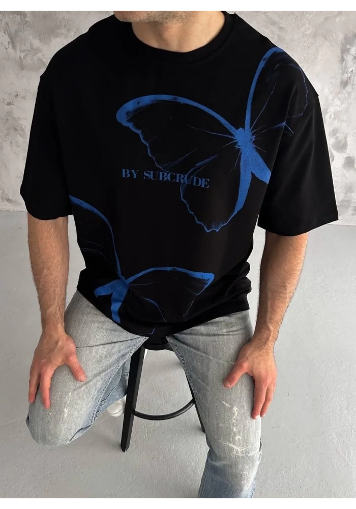 Erkek  Bisiklet Yaka Baskılı Oversize T-Shirt - Siyah