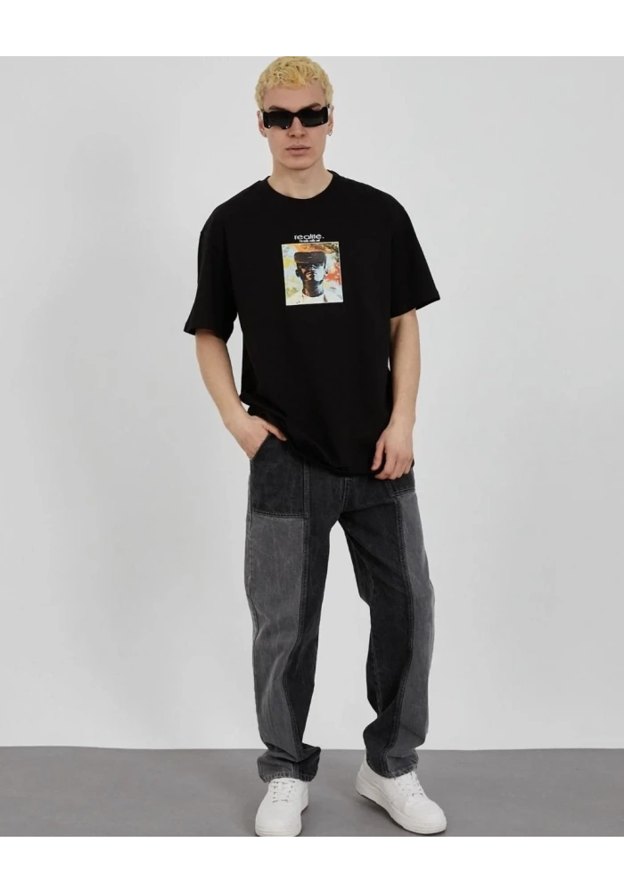 ERKEK Bisiklet Yaka Baskılı Oversize T-Shirt - Siyah