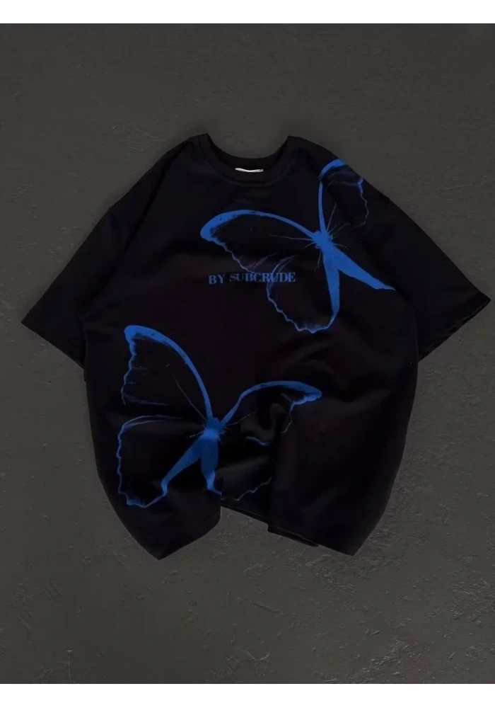 Unisex Bisiklet Yaka Baskılı Oversize T-Shirt - Siyah