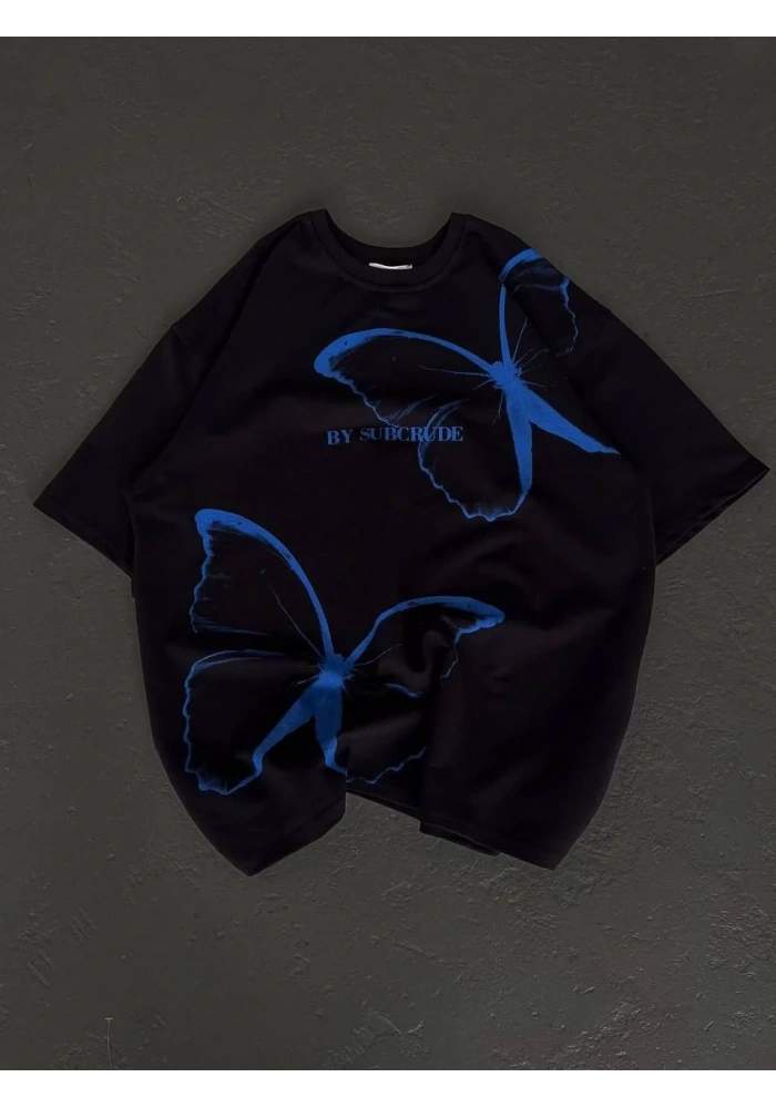 kadın Bisiklet Yaka Baskılı Oversize T-Shirt - Siyah