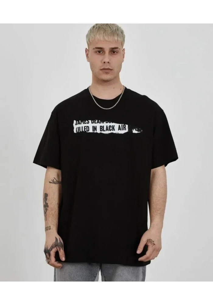 Unisex Bisiklet Yaka Baskılı Oversize T-Shirt - Siyah