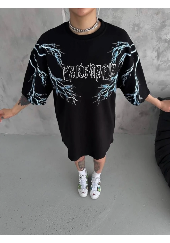 Kadın Bisiklet Yaka Yıldırım Baskılı Oversize T-Shirt - Siyah