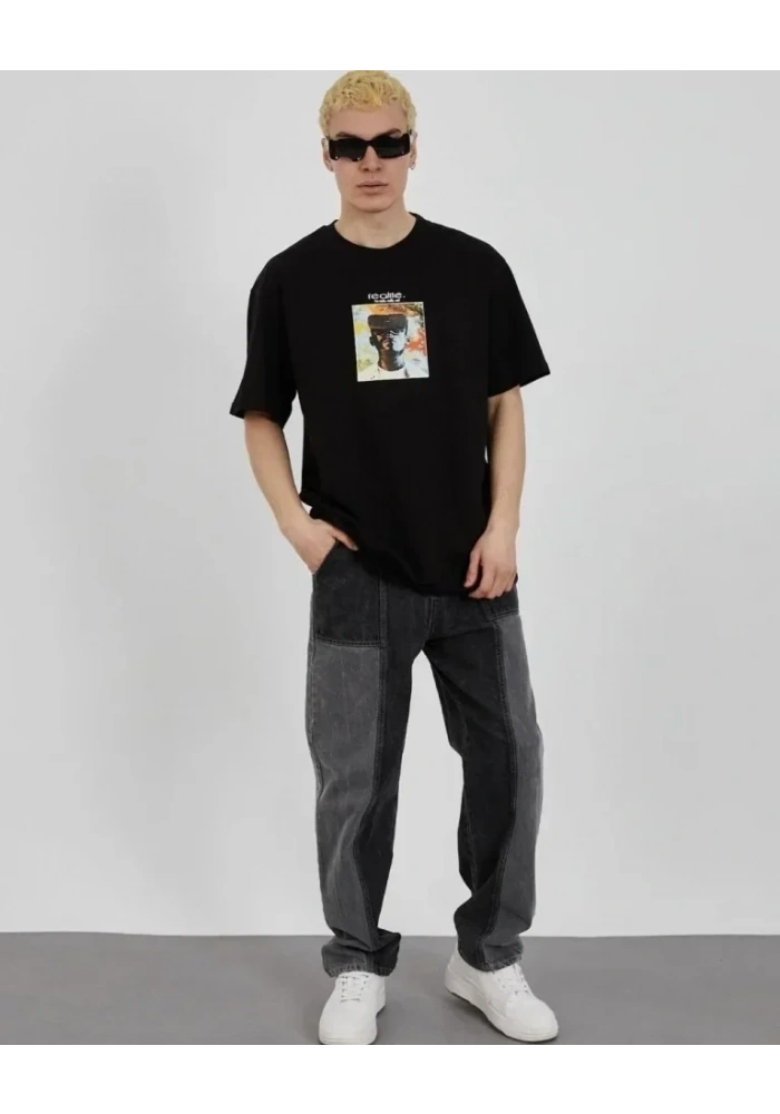 Unisex Bisiklet Yaka Baskılı Oversize T-Shirt - Siyah