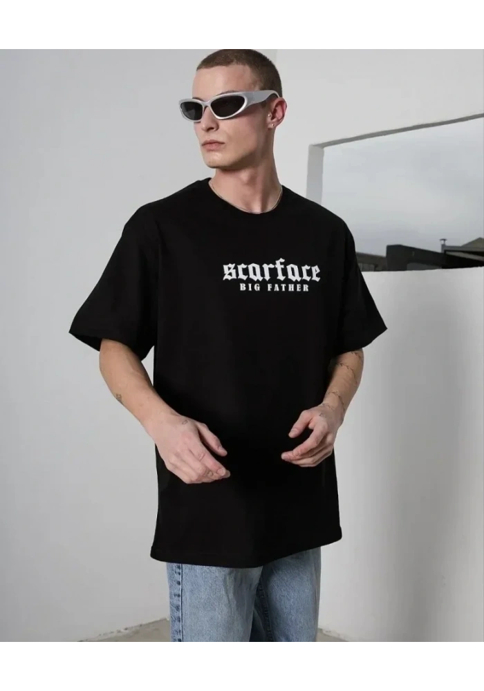 Unisex Bisiklet Yaka Baskılı Oversize T-Shirt - Siyah