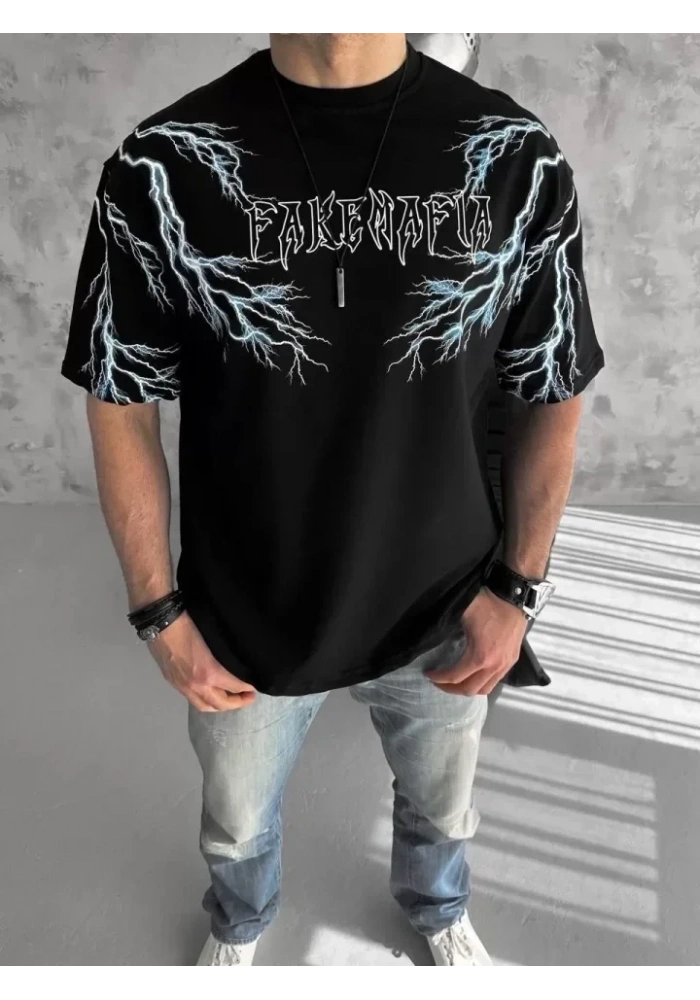 Unisex Bisiklet Yaka Baskılı Oversize T-Shirt-Siyah