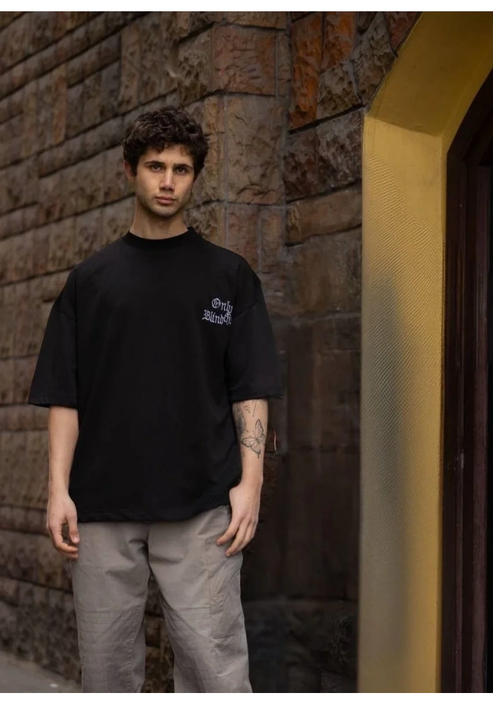 Erkek Bisiklet Yaka Baskılı Oversize T-Shirt - Siyah