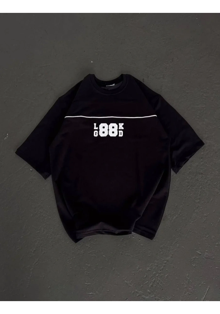 kadın  Bisiklet Yaka Baskılı Oversize T-Shirt - Siyah