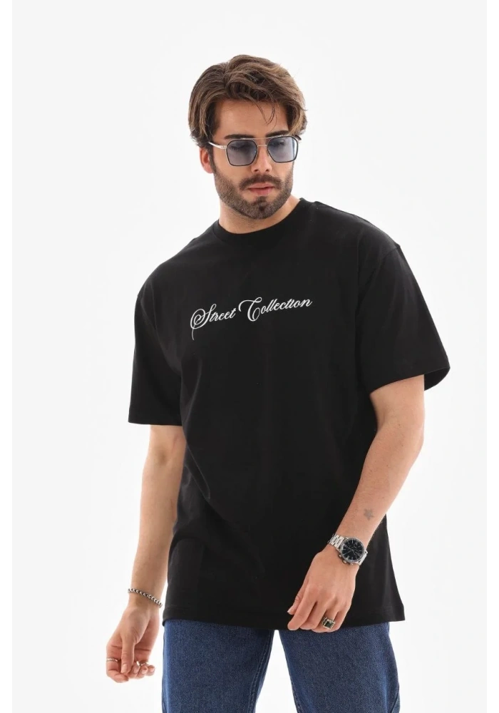 Erkek Kısa Kol Yazlık Tişört Bisiklet Yaka Baskılı Oversize T-Shirt - Siyah