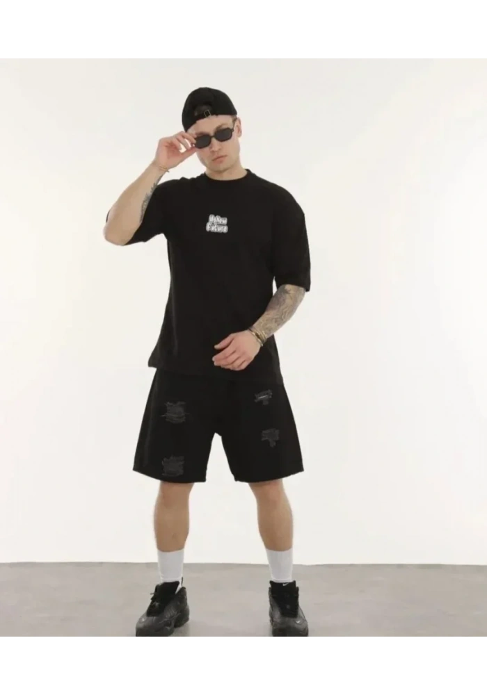 Unisex Bisiklet Yaka Baskılı Oversize T-Shirt - Siyah