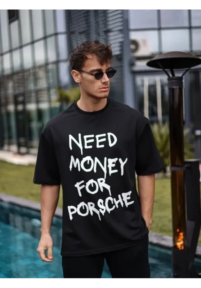 Unisex Bisiklet Yaka Baskılı Oversize T-Shirt - Siyah