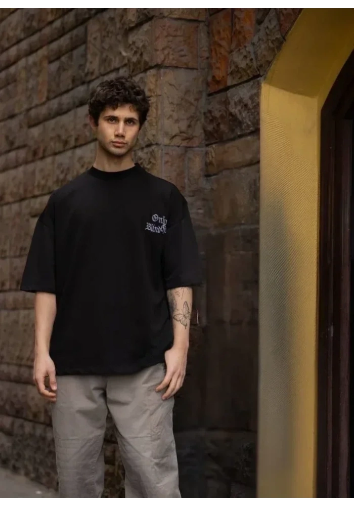 Unisex Bisiklet Yaka Baskılı Oversize T-Shirt - Siyah