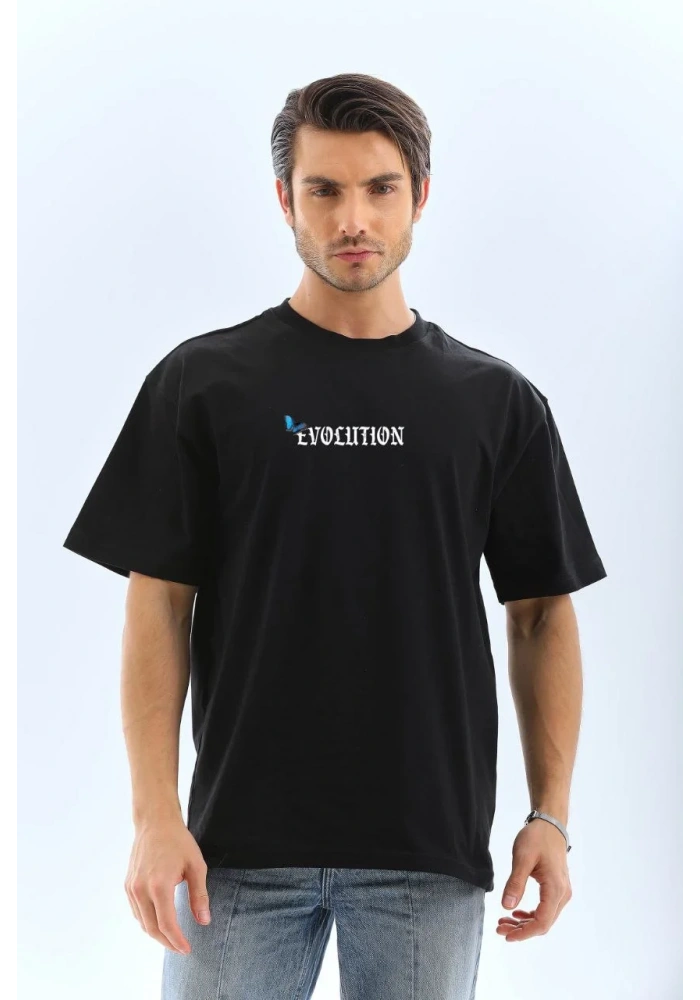 Erkek Bisiklet Yaka kelebek Baskılı Oversize T-Shirt - Siyah