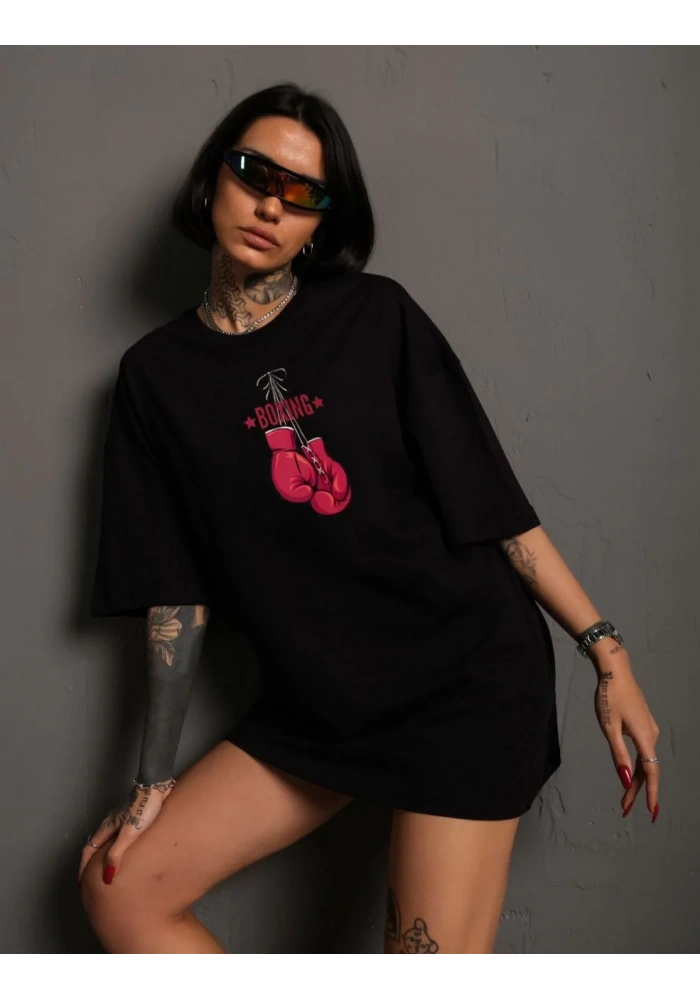 kadın  Bisiklet Yaka Baskılı Oversize T-Shirt - Siyah