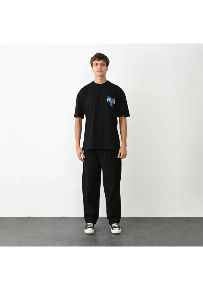 ERKEK Bisiklet Yaka Baskılı Oversize T-Shirt - Siyah