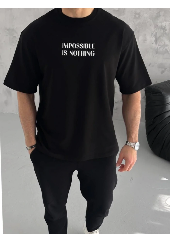 Erkek  Bisiklet Yaka Baskılı Oversize T-Shirt - Siyah