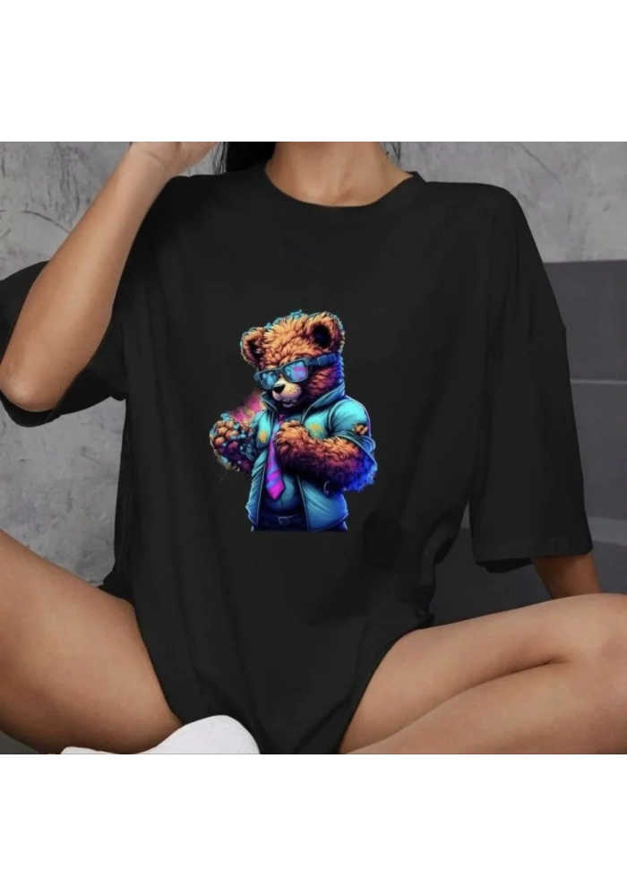 kadın Bisiklet Yaka Baskılı Oversize T-Shirt - Siyah