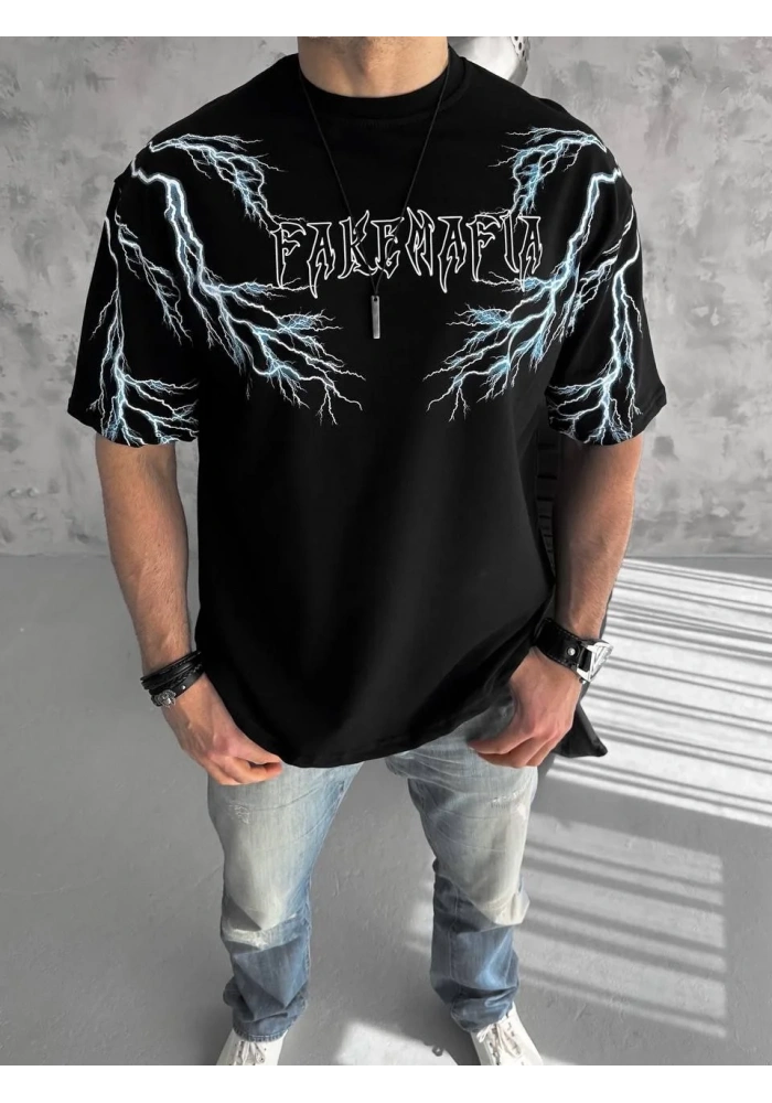 ERKEK Bisiklet Yaka Baskılı Oversize T-Shirt - Siyah