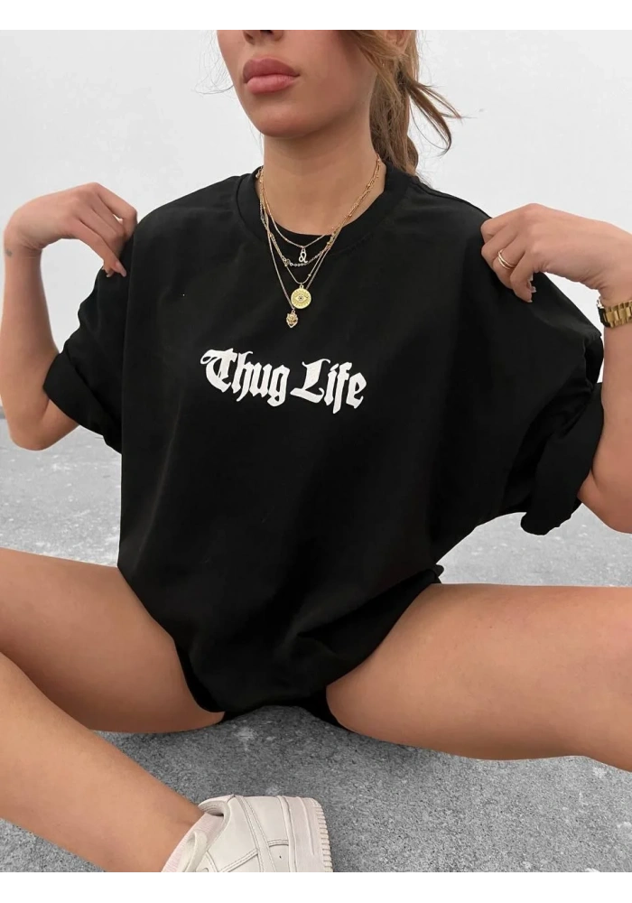 kadın Bisiklet Yaka Baskılı Oversize T-Shirt - Siyah