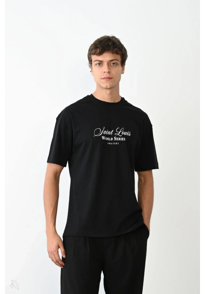 ERKEK Bisiklet Yaka Baskılı Oversize T-Shirt - Siyah