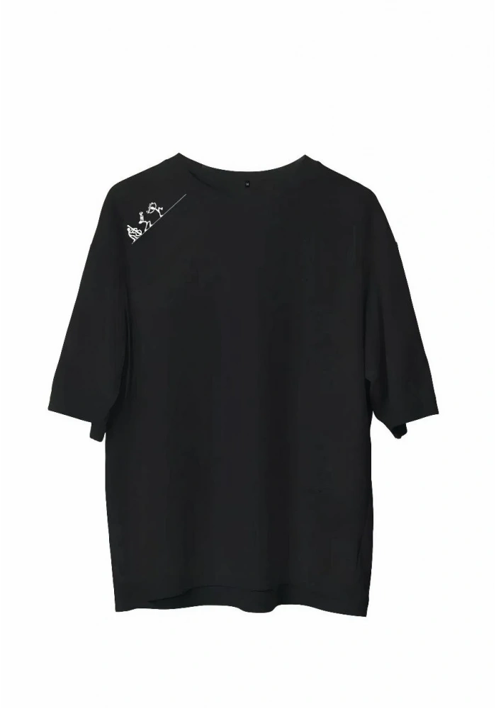 Erkek  Bisiklet Yaka Baskılı Oversize T-Shirt - Siyah