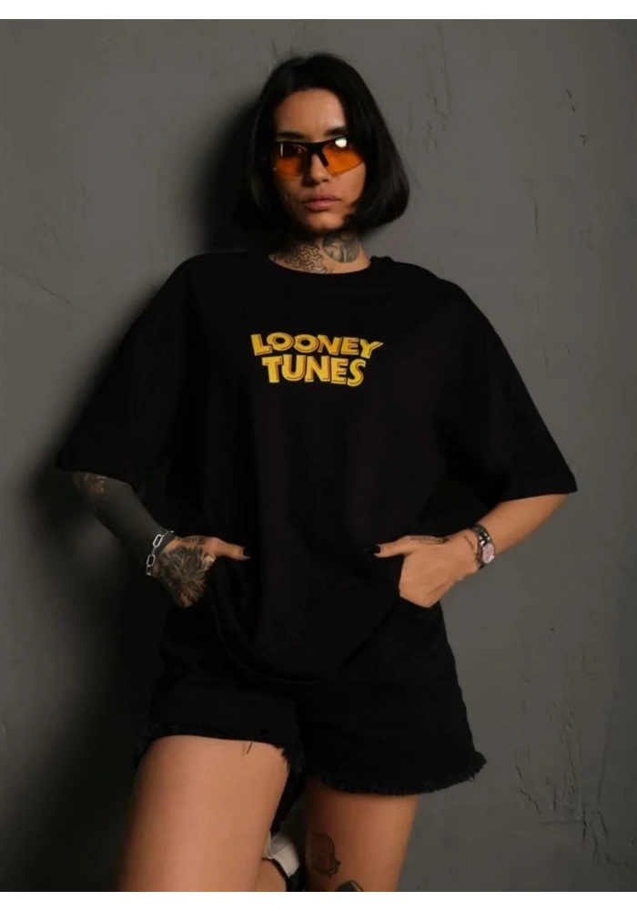 kadın Bisiklet Yaka Baskılı Oversize T-Shirt - Siyah