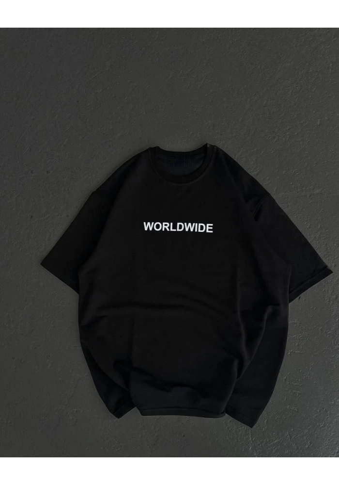 kadın Bisiklet Yaka Baskılı Oversize T-Shirt - Siyah