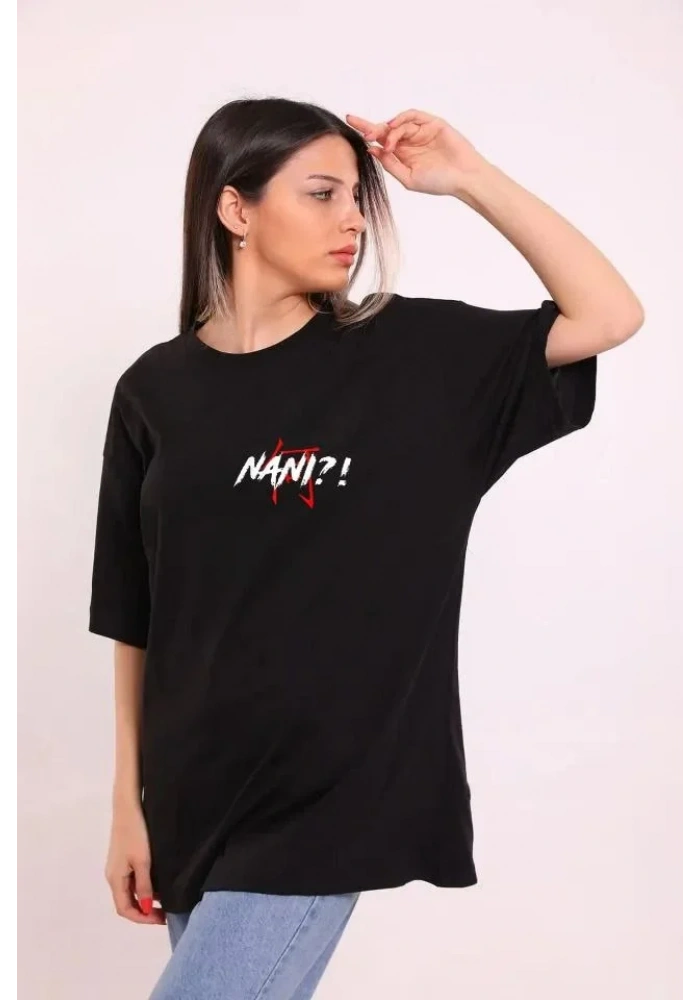 kadın  Bisiklet Yaka Baskılı Oversize T-Shirt - Siyah